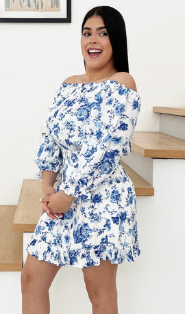 Traje Corto Blue Flowers Off Shoulder